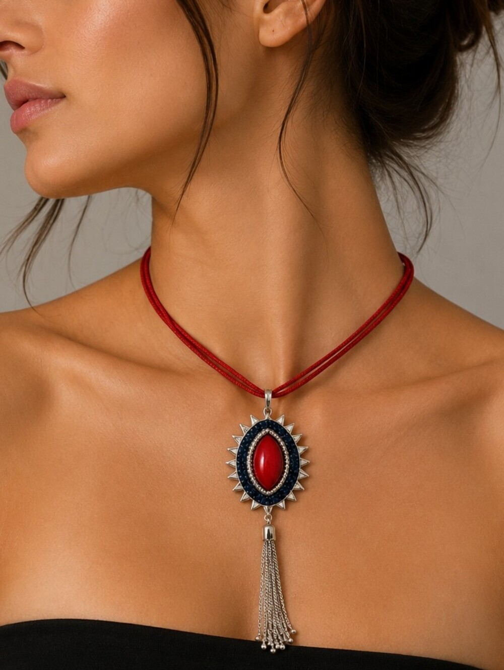 3/$30 Byzatine Aztec Sunburst Concho Tassel Sautoir Pendant Festival Necklace
